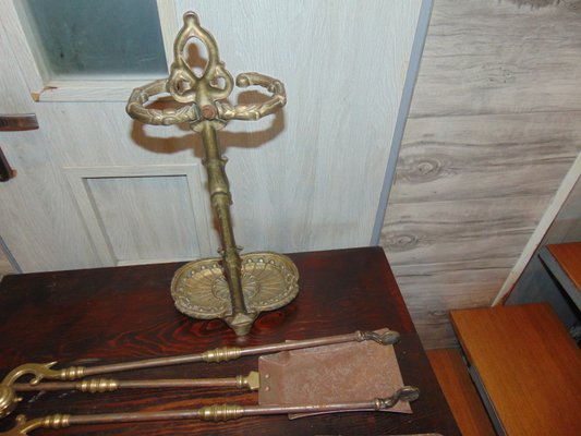 Art Nouveau Brass Stove and Fireplace Tools, Set of 4-CAQ-1005560