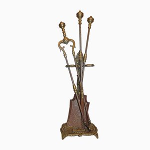 Art Nouveau Brass Stove and Fireplace Tools, Set of 4-CAQ-1005560