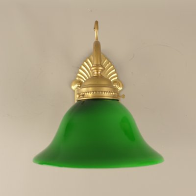 Art Nouveau Brass Wall Lamp with Green Flashed Glass, Vienna, 1910s-KDB-1761180