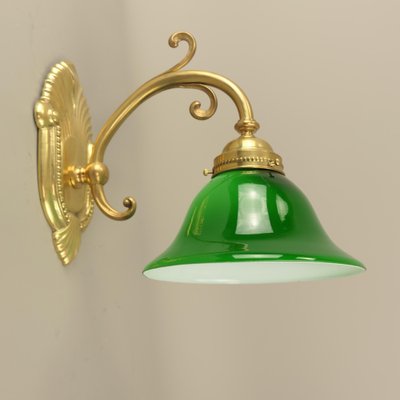 Art Nouveau Brass Wall Lamp with Green Flashed Glass, Vienna, 1910s-KDB-1761180