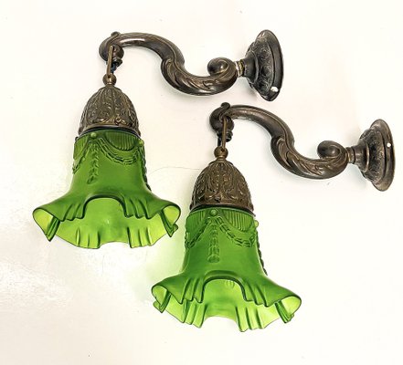 Art Nouveau Brass Wall Lamps with Green Glass Shades, 1940s, Set of 2-WZZ-1814460