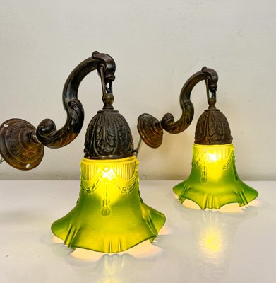 Art Nouveau Brass Wall Lamps with Green Glass Shades, 1940s, Set of 2-WZZ-1814460