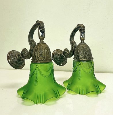 Art Nouveau Brass Wall Lamps with Green Glass Shades, 1940s, Set of 2-WZZ-1814460