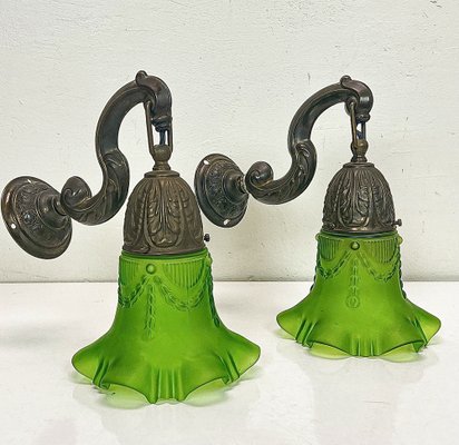 Art Nouveau Brass Wall Lamps with Green Glass Shades, 1940s, Set of 2-WZZ-1814460