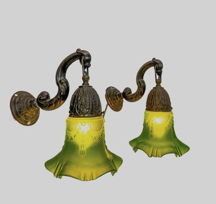 Art Nouveau Brass Wall Lamps with Green Glass Shades, 1940s, Set of 2-WZZ-1814460