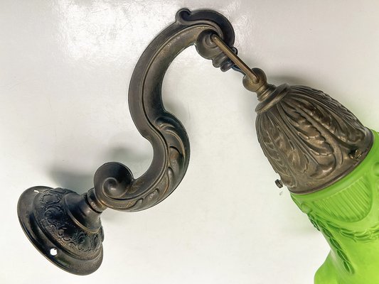 Art Nouveau Brass Wall Lamps with Green Glass Shades, 1940s, Set of 2-WZZ-1814460