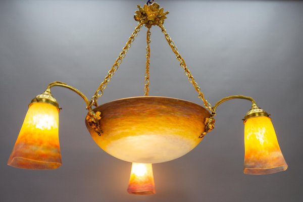 Art Nouveau Bronze and Polychrome Glass Chandelier from Muller Frères Lunéville, 1920s-KEG-1775017