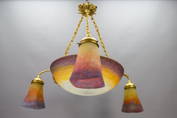 Art Nouveau Bronze and Polychrome Glass Chandelier from Muller Frères Lunéville, 1920s-KEG-1775017