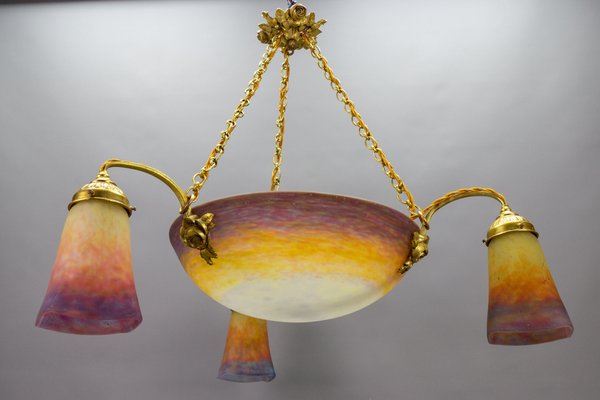 Art Nouveau Bronze and Polychrome Glass Chandelier from Muller Frères Lunéville, 1920s-KEG-1775017