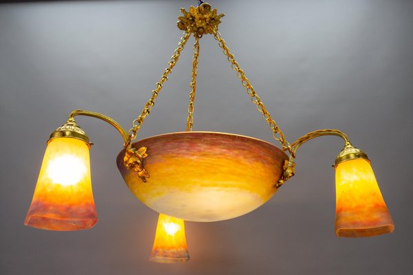 Art Nouveau Bronze and Polychrome Glass Chandelier from Muller Frères Lunéville, 1920s-KEG-1775017