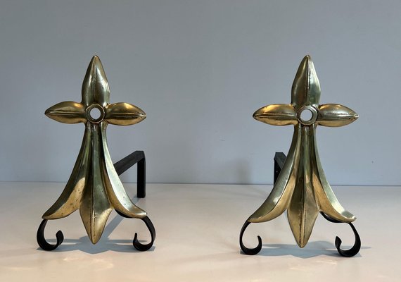 Art Nouveau Bronze Andirons in Lily Flower Morif, 1890s, Set of 2-BA-1516219