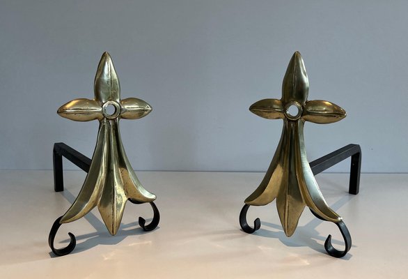 Art Nouveau Bronze Andirons in Lily Flower Morif, 1890s, Set of 2-BA-1516219