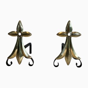 Art Nouveau Bronze Andirons in Lily Flower Morif, 1890s, Set of 2-BA-1516219