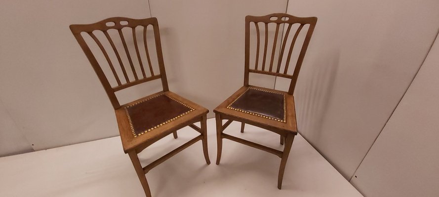 Art Nouveau Chairs in Oak with Original Leather Seat, Set of 2-JG-1742214