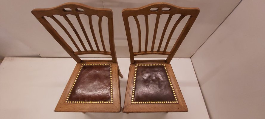 Art Nouveau Chairs in Oak with Original Leather Seat, Set of 2-JG-1742214