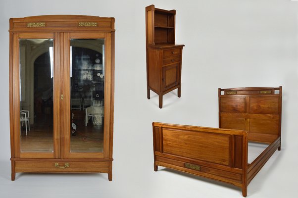 Art Nouveau Clematis Bedroom Set in Mahogany by Mathieu Gallerey, Set of 3-XNH-953875