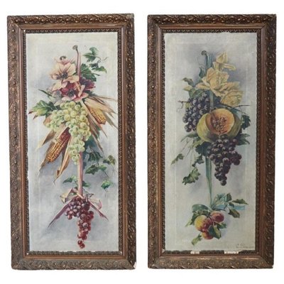 Art Nouveau Composition with Flowers and Fruit, 1910s, Oil on Canvas, Framed, Set of 2-DCO-1347927