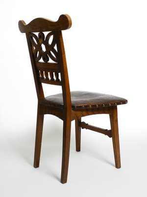 Art Nouveau Decorated Oak Chairs with Original Leather Seats, 1900, Set of 2-RR-1314066