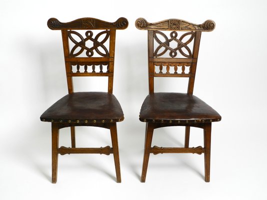 Art Nouveau Decorated Oak Chairs with Original Leather Seats, 1900, Set of 2-RR-1314066