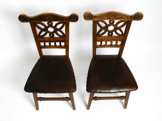 Art Nouveau Decorated Oak Chairs with Original Leather Seats, 1900, Set of 2-RR-1314066