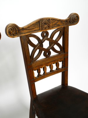 Art Nouveau Decorated Oak Chairs with Original Leather Seats, 1900, Set of 2-RR-1314066