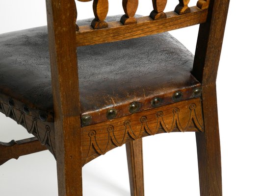 Art Nouveau Decorated Oak Chairs with Original Leather Seats, 1900, Set of 2-RR-1314066