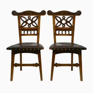 Art Nouveau Decorated Oak Chairs with Original Leather Seats, 1900, Set of 2-RR-1314066