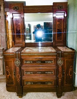 Art Nouveau Dresser with Mirror, Inlays, Brass & Pink Marble, Italy-RAQ-1175720