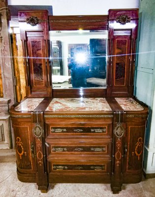 Art Nouveau Dresser with Mirror, Inlays, Brass & Pink Marble, Italy-RAQ-1175720