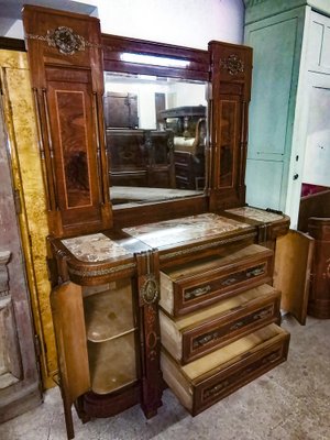 Art Nouveau Dresser with Mirror, Inlays, Brass & Pink Marble, Italy-RAQ-1175720