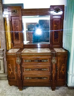 Art Nouveau Dresser with Mirror, Inlays, Brass & Pink Marble, Italy-RAQ-1175720