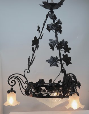 Art Nouveau Forged Metal Floral Chandelier from Luneville, 1930s-MJY-1148993