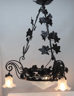 Art Nouveau Forged Metal Floral Chandelier from Luneville, 1930s-MJY-1148993