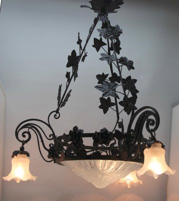 Art Nouveau Forged Metal Floral Chandelier from Luneville, 1930s-MJY-1148993