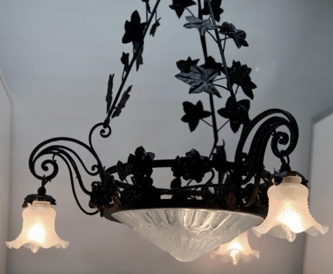 Art Nouveau Forged Metal Floral Chandelier from Luneville, 1930s-MJY-1148993