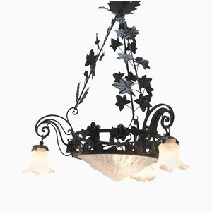 Art Nouveau Forged Metal Floral Chandelier from Luneville, 1930s-MJY-1148993