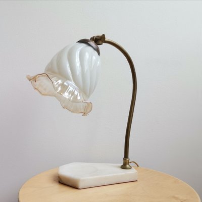 Art Nouveau French Brass, Glass & Marble Table Lamp, 1950s-SCS-1028525