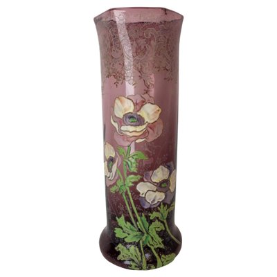 Art Nouveau French Enamelled Glass Vase with Flowers, 1890s-RIU-1394189