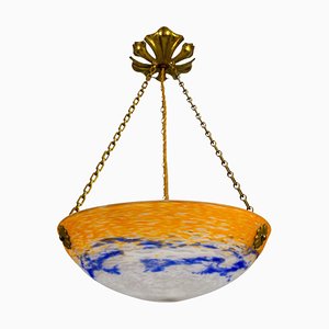 Art Nouveau French Orange, White and Blue Glass Pendant Light by Noverdy, 1920s-KEG-1789521