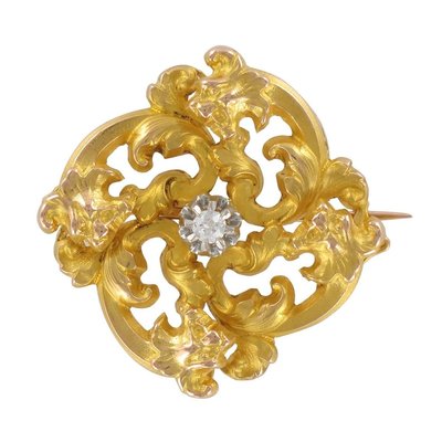 Art Nouveau French Wiese Spirit Yellow Gold Diamond Brooch-OLU-896119