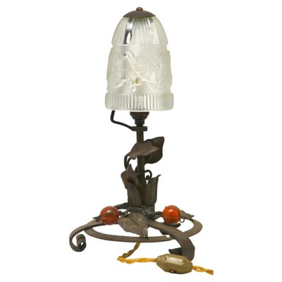 Art Nouveau French Wrought Iron Lamp with Glass Shade, 1920s-MJY-1161859