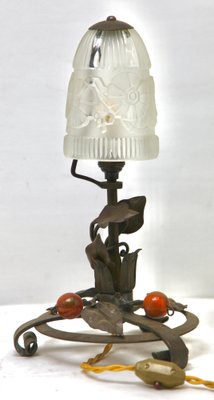 Art Nouveau French Wrought Iron Lamp with Glass Shade, 1920s-MJY-1161859