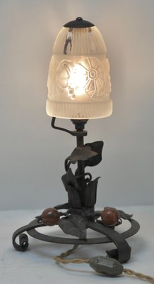 Art Nouveau French Wrought Iron Lamp with Glass Shade, 1920s-MJY-1161859