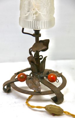 Art Nouveau French Wrought Iron Lamp with Glass Shade, 1920s-MJY-1161859