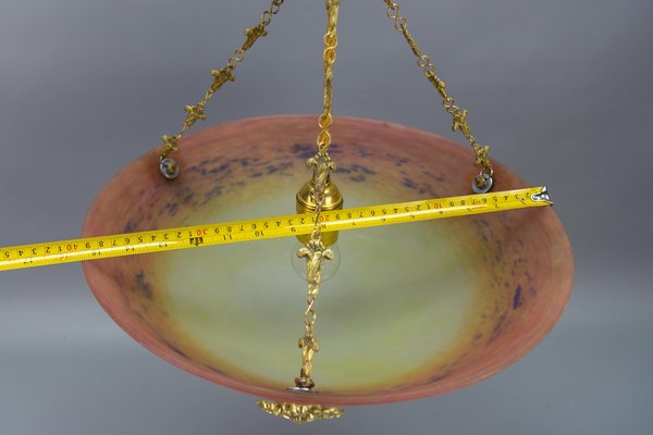 Art Nouveau FrenchBronze and Polychrome Glass Pendant Light from Degué, 1920s-KEG-1761413