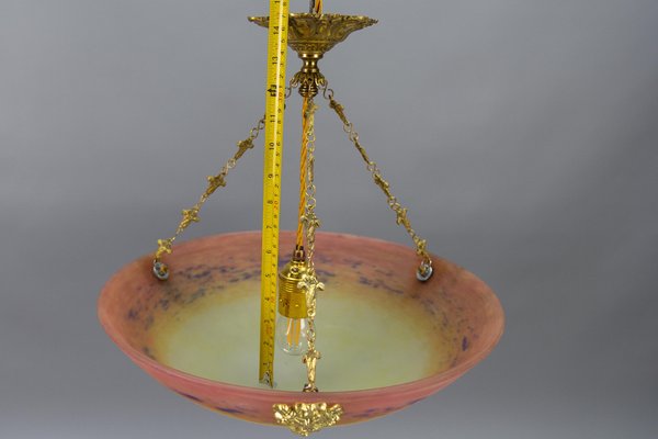 Art Nouveau FrenchBronze and Polychrome Glass Pendant Light from Degué, 1920s-KEG-1761413