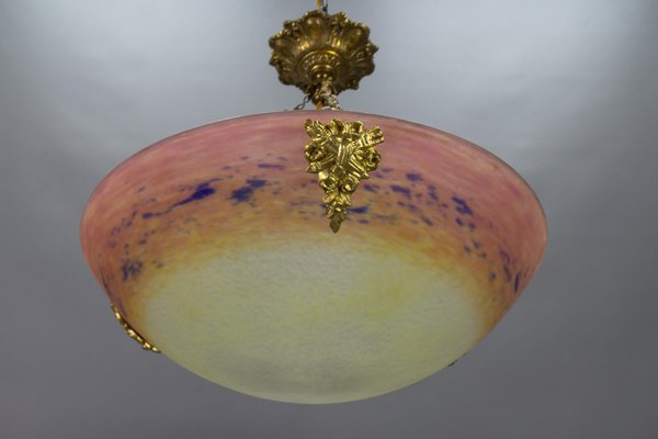 Art Nouveau FrenchBronze and Polychrome Glass Pendant Light from Degué, 1920s-KEG-1761413