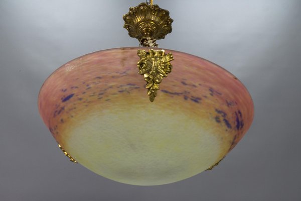 Art Nouveau FrenchBronze and Polychrome Glass Pendant Light from Degué, 1920s-KEG-1761413