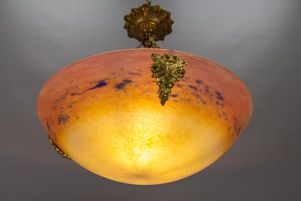 Art Nouveau FrenchBronze and Polychrome Glass Pendant Light from Degué, 1920s-KEG-1761413