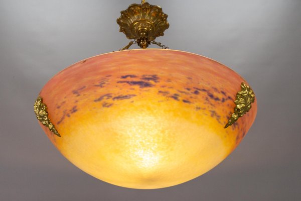 Art Nouveau FrenchBronze and Polychrome Glass Pendant Light from Degué, 1920s-KEG-1761413